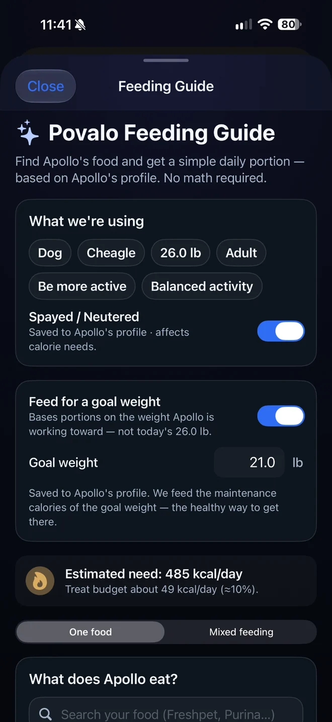 Povalo Feeding Guide estimating a daily calorie need from the pet's profile