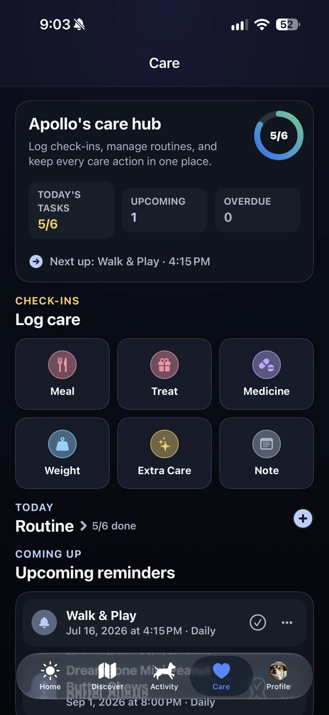Povalo Care hub with check-ins, routines, and upcoming reminders